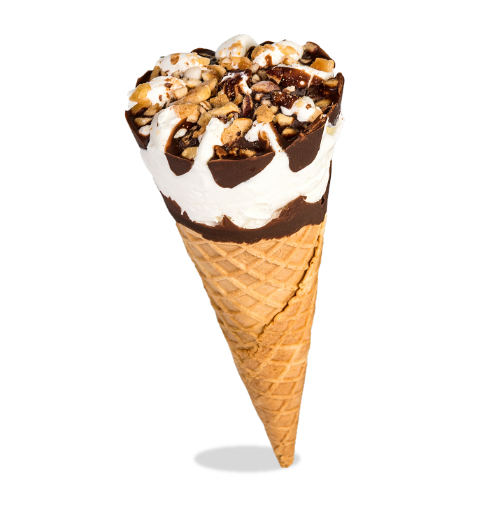 Toft's Sundae Ice Cream Cone with chocolate and nuts on a transparent background