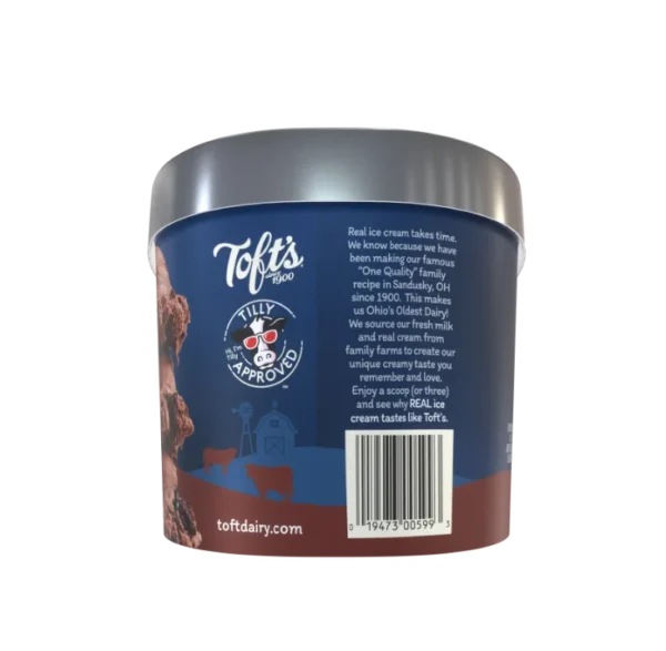 Container of Toft's brownie bandit ice cream with UPC