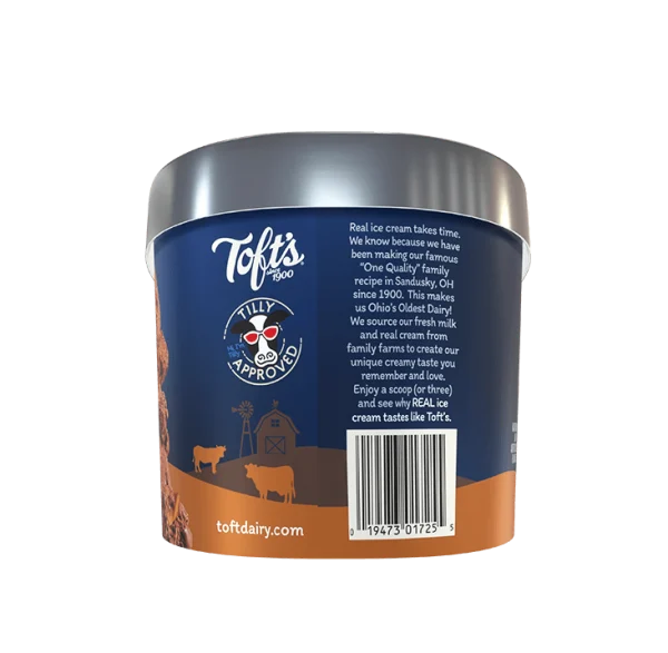 Container of Toft's peanut butter cup ice cream with UPC