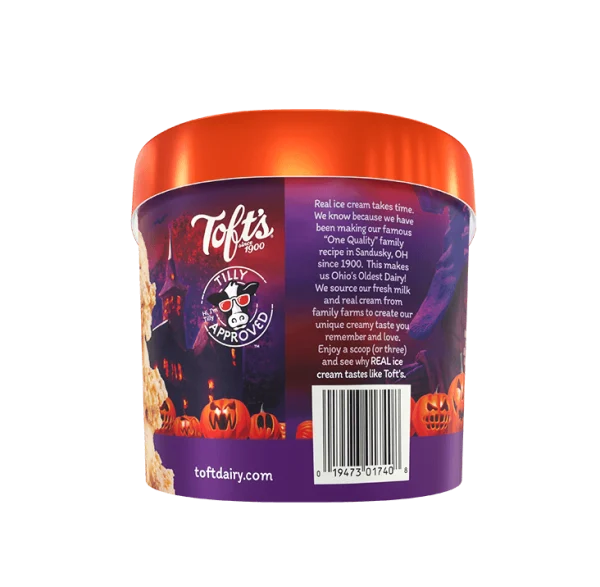Container of Toft's pumpkin cheesecake ice cream with UPC