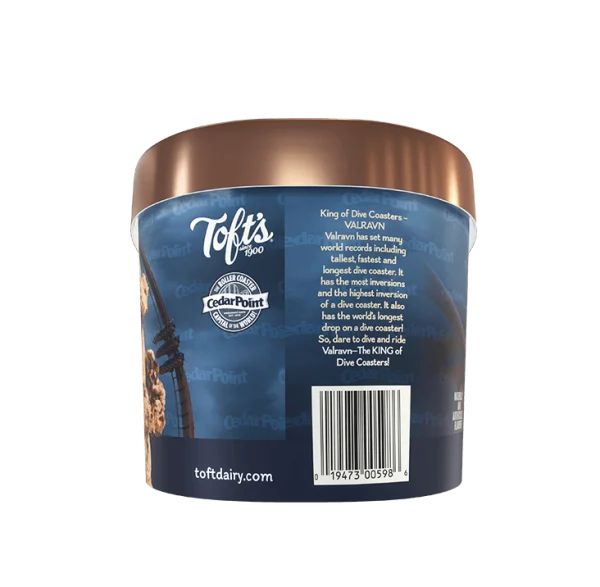 Container of Toft's salty caramel fudge truffle ice cream with UPC
