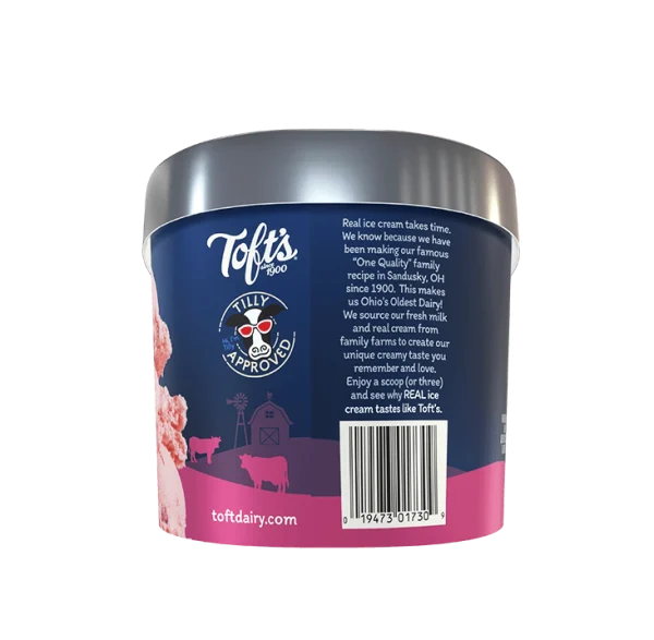 Container of Toft's strawberry ice cream with UPC