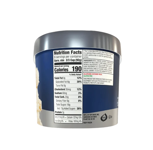 Nutritional facts for Toft's vanilla bean ice cream