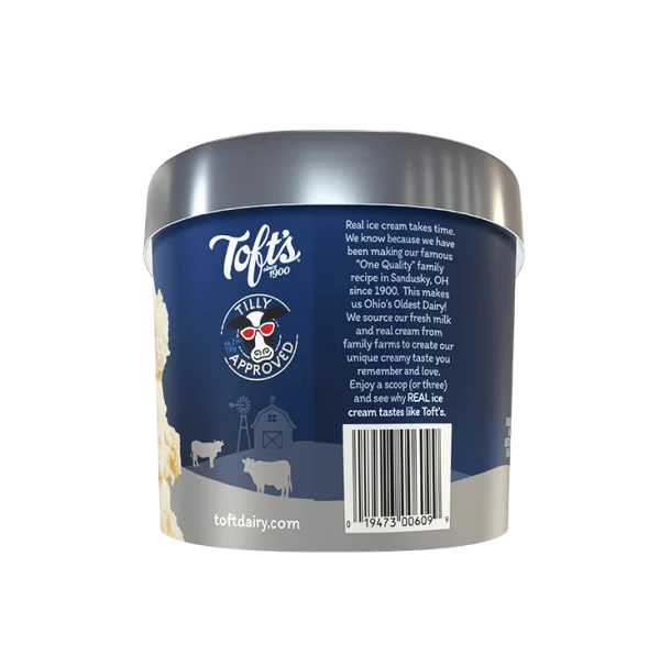 Container of Toft's vanilla tilly tracks cream with UPC