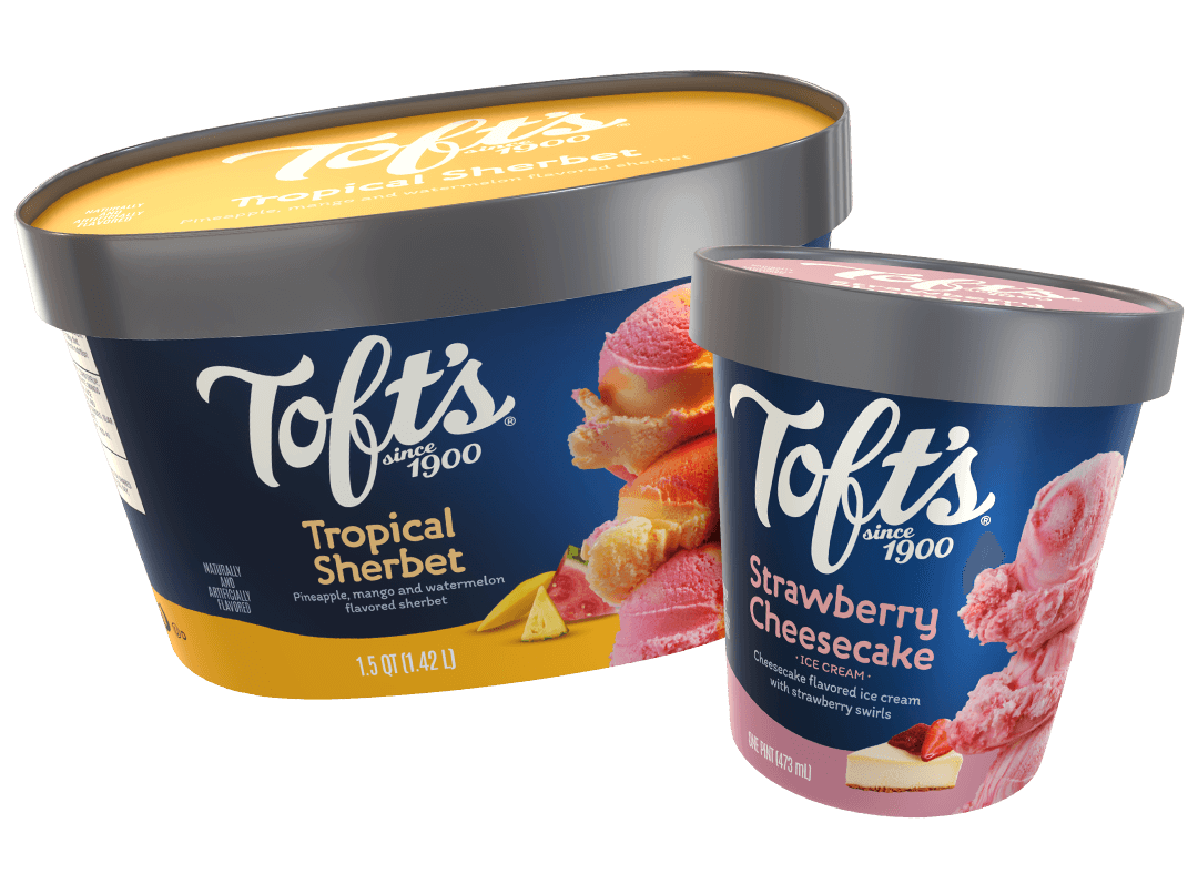 Toft's Tropical Sherbet tub and Strawberry Cheesecake ice cream pint, featuring colorful sherbet scoops and strawberry cheesecake swirls on the packaging.