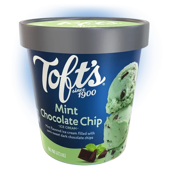 Pint of Toft's mint chocolate chip ice cream