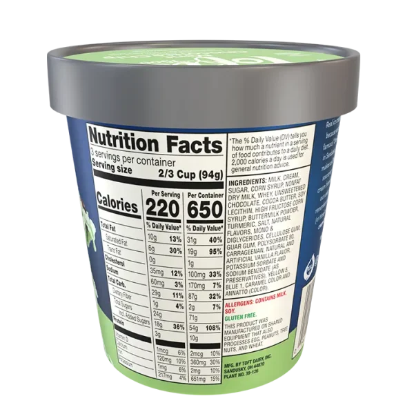 Nutritional facts for Toft's mint chocolate chip ice cream
