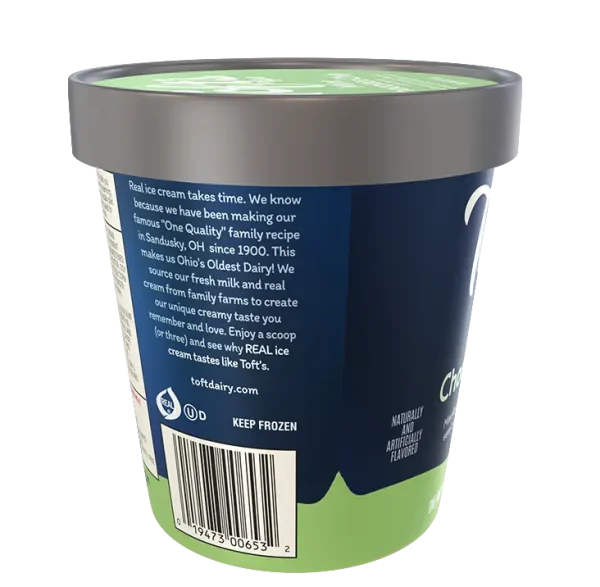 Pint of Toft's mint chocolate chip ice cream with UPC