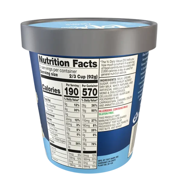Nutritional facts for Toft's vanilla ice cream