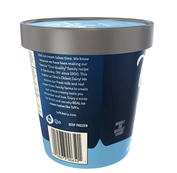 Pint of Toft's vanilla ice cream with UPC