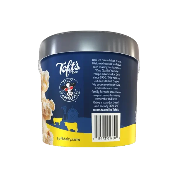 Container of Toft's bananas foster ice cream with UPC