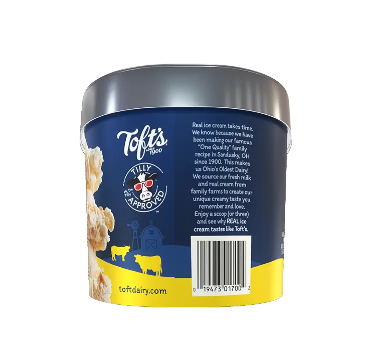 Container of Toft's bananas foster ice cream with UPC