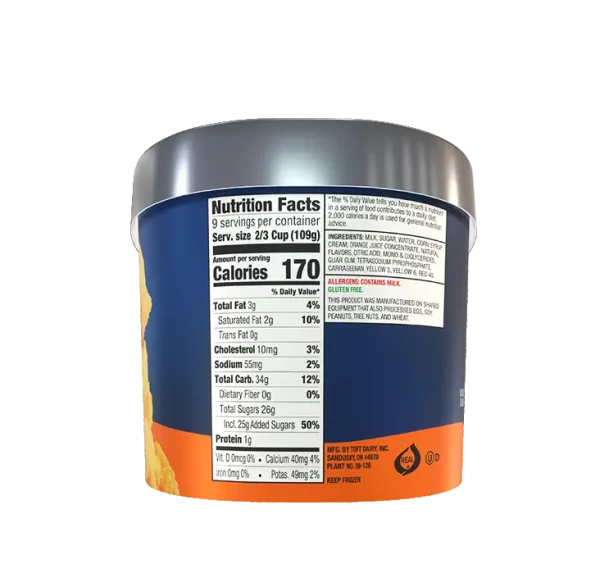 Nutritional facts for Toft's orange sherbet