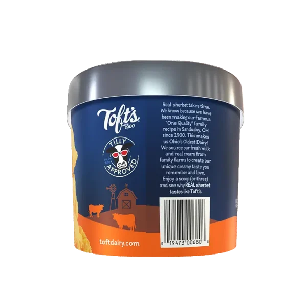 Container of Toft's orange sherbet ice cream with UPC