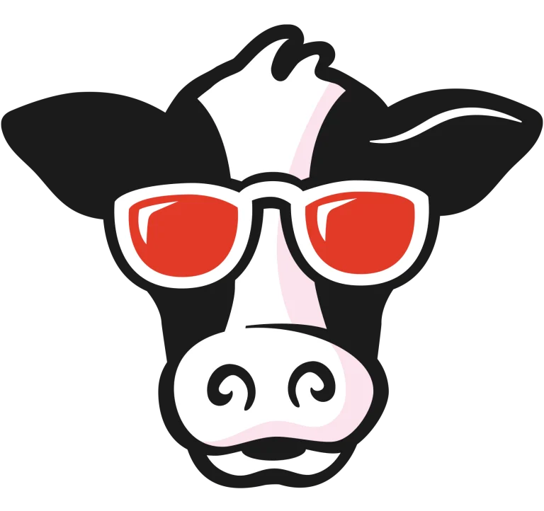 Black and white cartoon cow head with red sunglasses