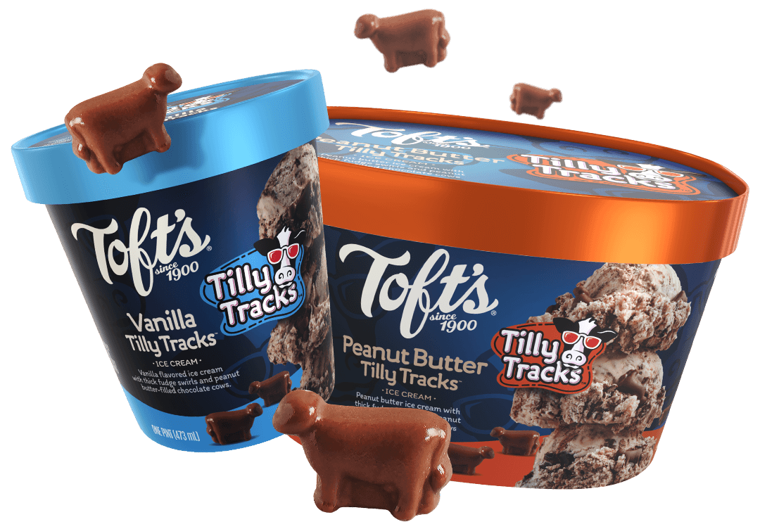 Toft's Vanilla Tilly Tracks ice cream pint and Peanut Butter Tilly Tracks tub, featuring fudge swirls, peanut butter, and chocolate cow shapes on the packaging.
