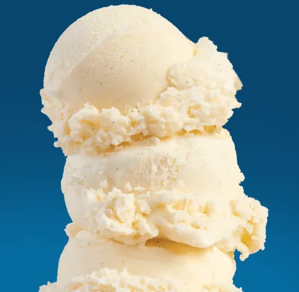 3 scoops of vanilla bean ice cream on a blue background